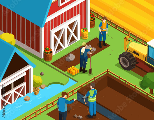 Isometric Farm Scene with Farmers Preparing Soil and Constructing Infrastructure