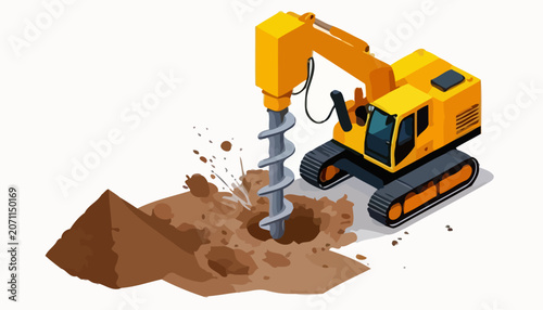 Yellow Auger Excavator Drilling a Hole in the Ground Isolated on White Background