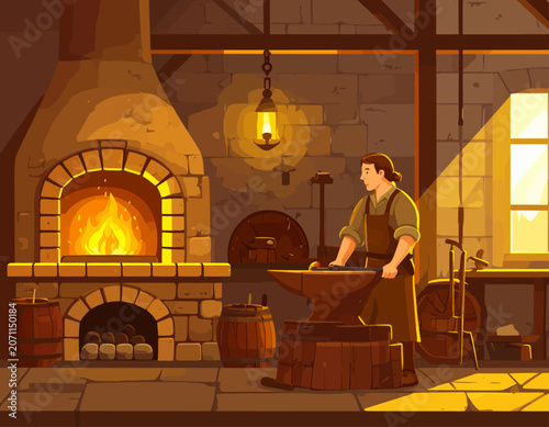 Pixel Art Illustration of a Blacksmith Working at an Anvil in a Medieval Forge