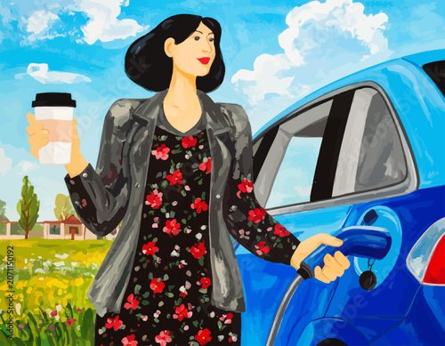 Woman Holding Coffee Cup Charging Electric Vehicle in Nature