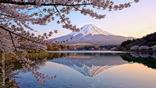 Majestic View of Mount Fuji Surrounded by Blooming Pink Cherry Blossom Trees at Sunrise with Lake Reflection