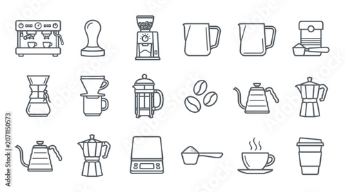 фотографія Modern coffee station equipment and accessories line icons.