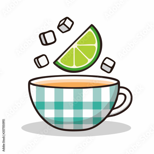 Flat design illustration of a tea cup with lime and sugar cubes