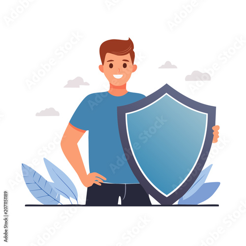 Man holding blue shield in flat illustration style