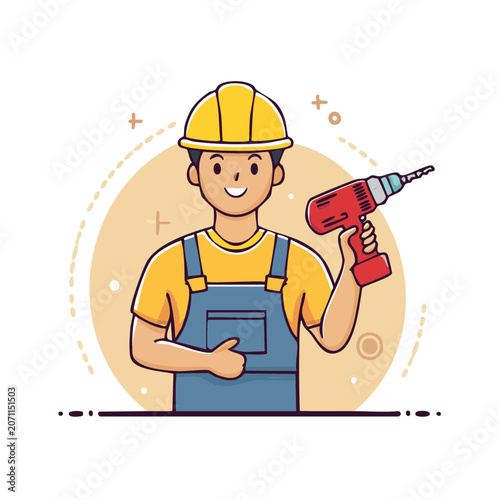 Smiling Construction Worker with Power Drill Vector Illustration
