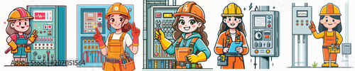 Canvas Print Cute Female Electrical Technician and Engineer Character Set with Industrial Con