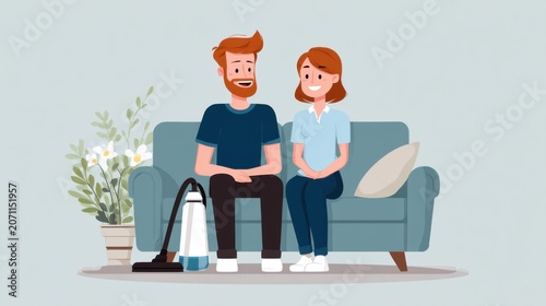 Happy Couple Sitting on Sofa with Vacuum Cleaner Illustration