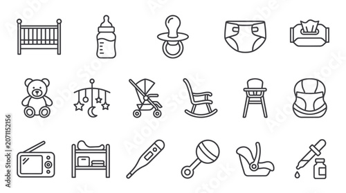 Newborn baby care and nursery essentials line icons.
