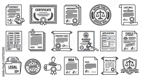 Foto Notary public and official certification line icon set.