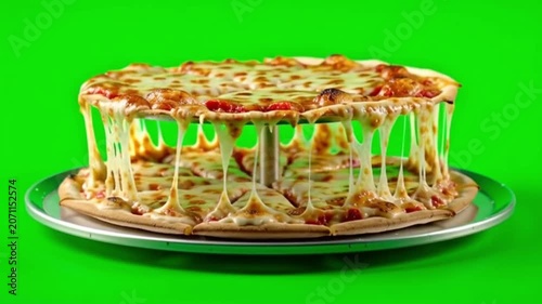 Slice of cheese pizza with melted cheese stretching on a green screen background