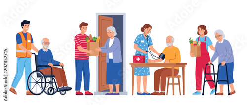 Elderly care volunteers vector isolated. Social workers helping seniors, medical checkup, grocery delivery, clear background graphic elements.