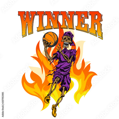 Fotografie Vintage Y2K streetwear graphic of a basketball player skeleton in a purple jersey jumping out of flames with bold orange WINNER typography