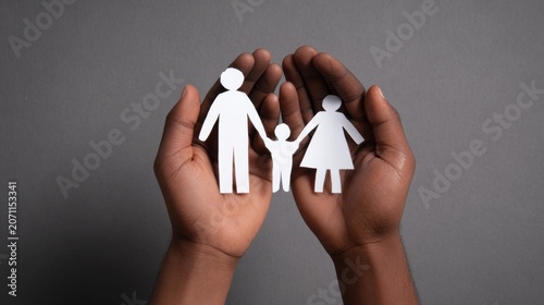 Paper family held securely in caring hands, representing protection and unity.