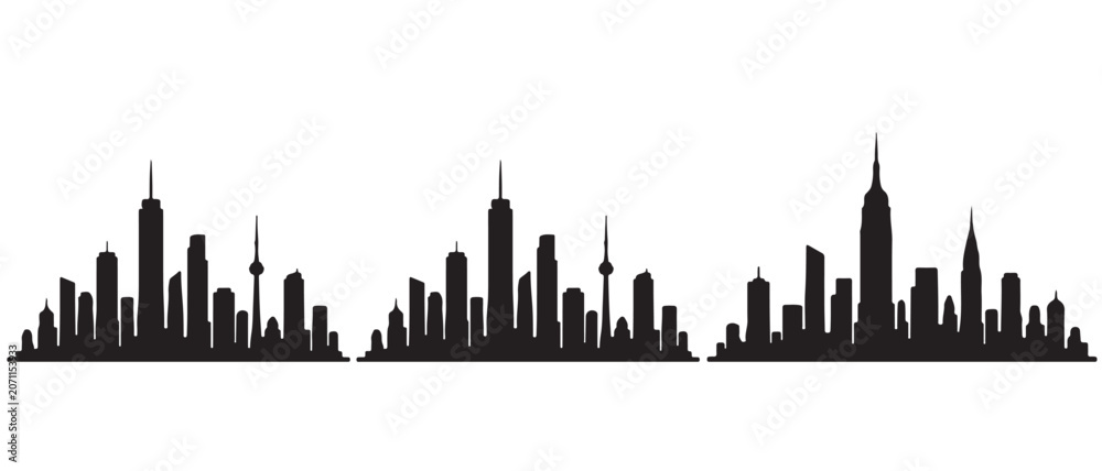 Obraz premium Three varied black silhouettes of city skylines with iconic skyscrapers and urban structures.