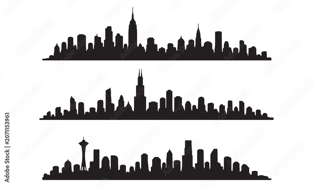 Fototapeta premium Set of three detailed city skylines silhouettes featuring famous modern urban architectural icons