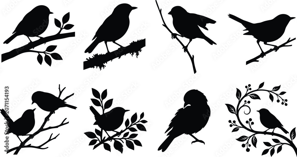 Fototapeta premium Songbird Silhouette Collection on Branches with Decorative Nature Elements