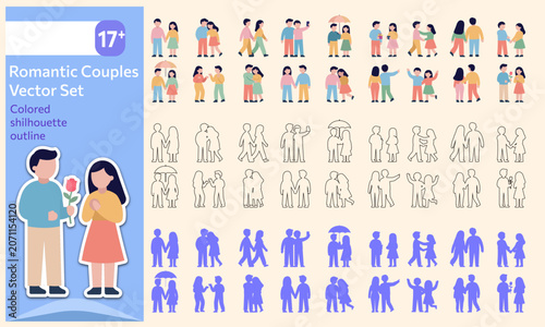 Couples Vector Set Featuring Romantic People, Dating Partners and Togetherness Moments in Colored, Outline and Silhouette Design