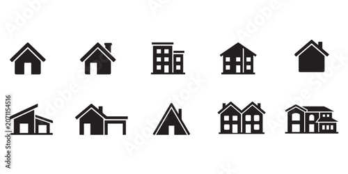 Fotografie House Silhouette Icons Set with Home Buildings Residential Property Real Estate