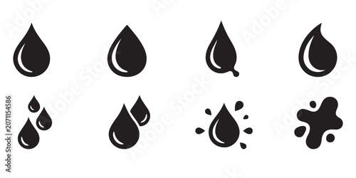 Water Drop Silhouette Icons Set with Liquid Splash Raindrops Moisture and Hydration Vector Collection