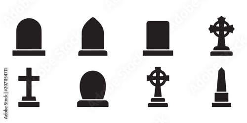 Fotografia Tombstone and Cemetery Silhouette Icons Set with Gravestones Memorial Crosses Fu