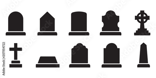 Obraz na plátně Tombstone Silhouette Icons Set with Grave Markers Cemetery Memorial Headstones a