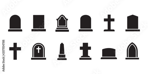 Quadro em tela Cemetery and Gravestone Silhouette Icons Set with Tombstones Memorial Crosses Fu