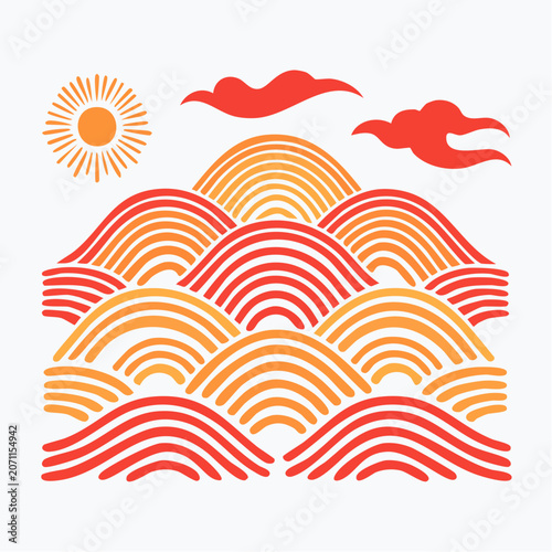 Stylized Sun and Mountains with Clouds