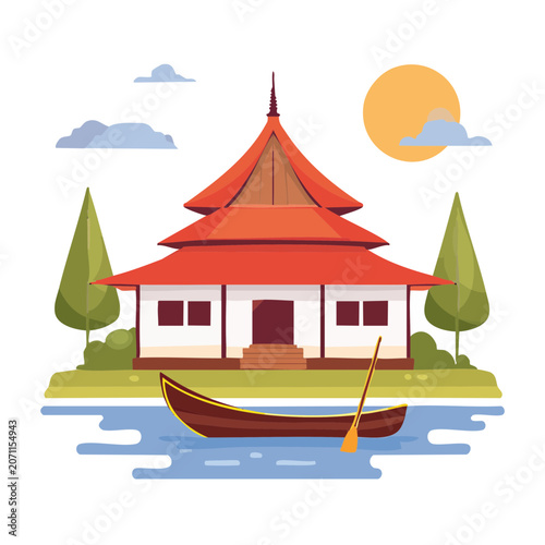 Traditional Asian House with Boat and Temple Roof