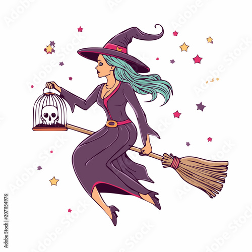 Witch flying on broomstick with skull lantern and stars