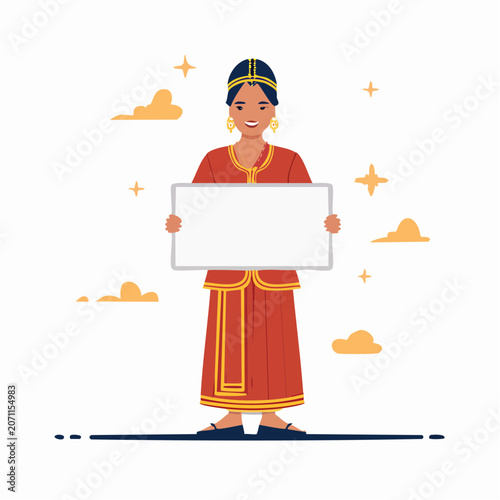Woman in traditional dress holding a blank sign