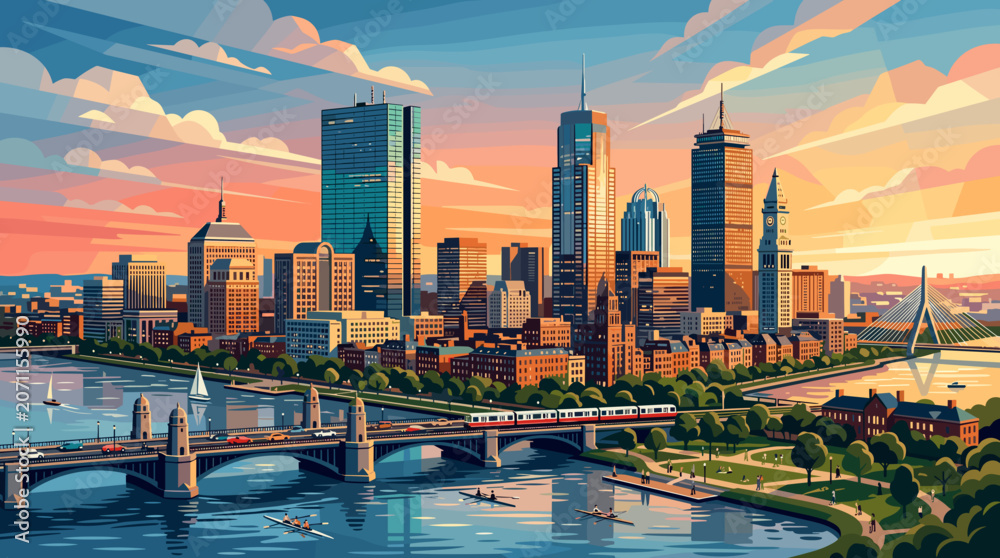 Fototapeta premium City Skyline at Sunset Featuring Modern Skyscrapers and Bridges