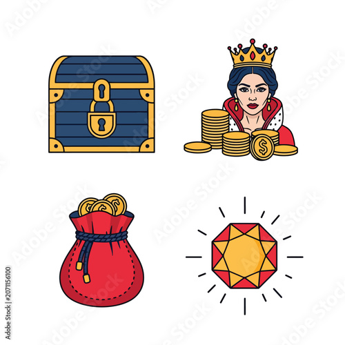 Set of treasure and wealth icons with queen chest money bag and diamond.