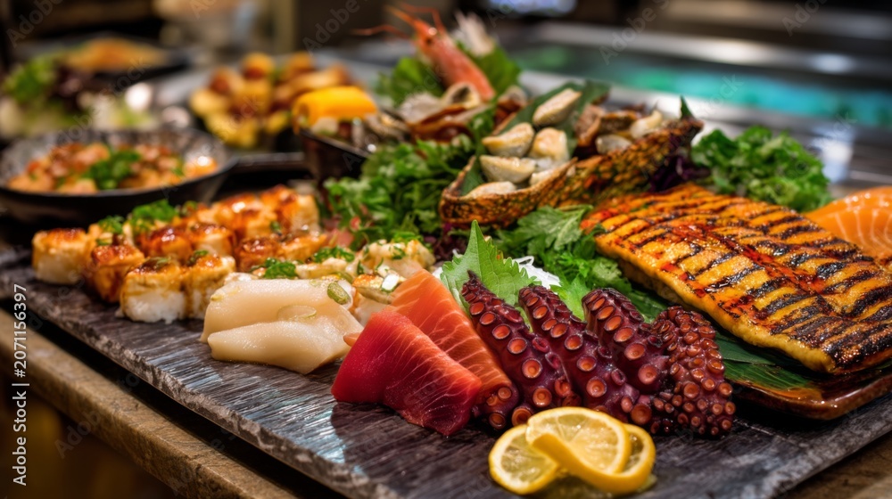 Obraz premium Exquisite Assortment of Fresh Sushi and Grilled Seafood Served on a Rustic Platter with Garnishes, Perfect for Culinary Presentation and Dining Experience