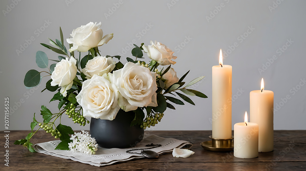 Obraz premium Elegant floral arrangement with white roses and greenery alongside candles in a minimalistic setting for a sophisticated decor