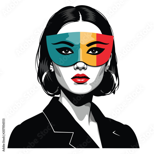 Stylized Portrait of a Woman Wearing a Colorful Mask.