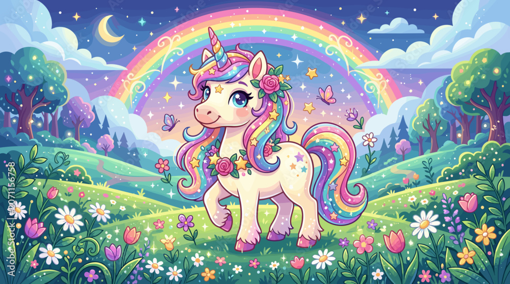 Fototapeta premium Colorful Cartoon Unicorn in a Magical Rainbow Landscape