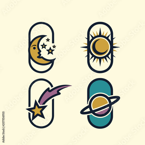 Set of four celestial icons featuring moon sun star and planet in modern outlined frames.