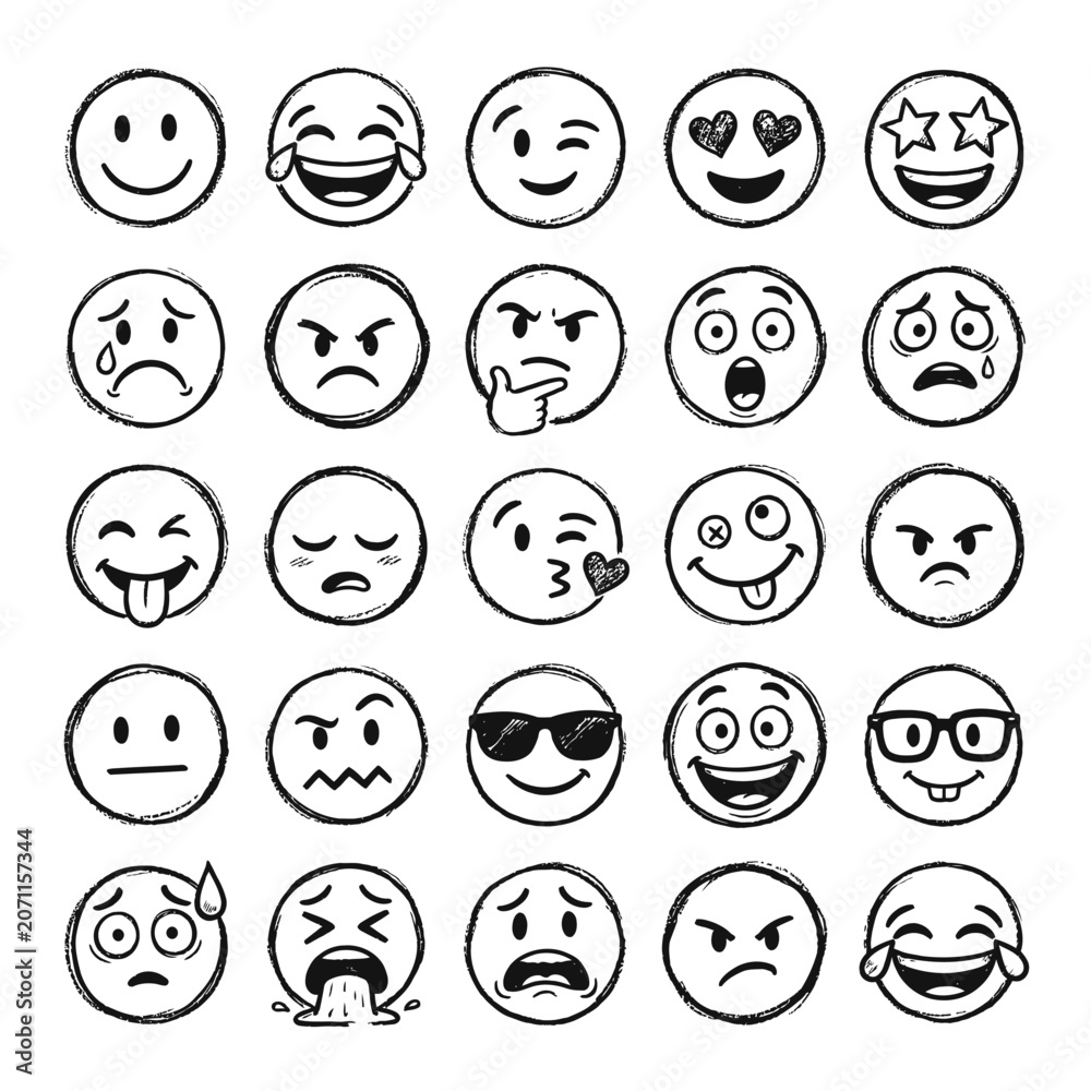 Fototapeta premium A collection of various hand-drawn emoji icons featuring diverse facial expressions and moods on a white background.