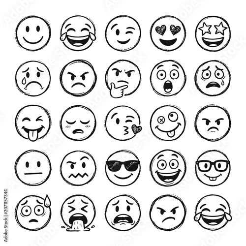 A collection of various hand-drawn emoji icons featuring diverse facial expressions and moods on a white background.