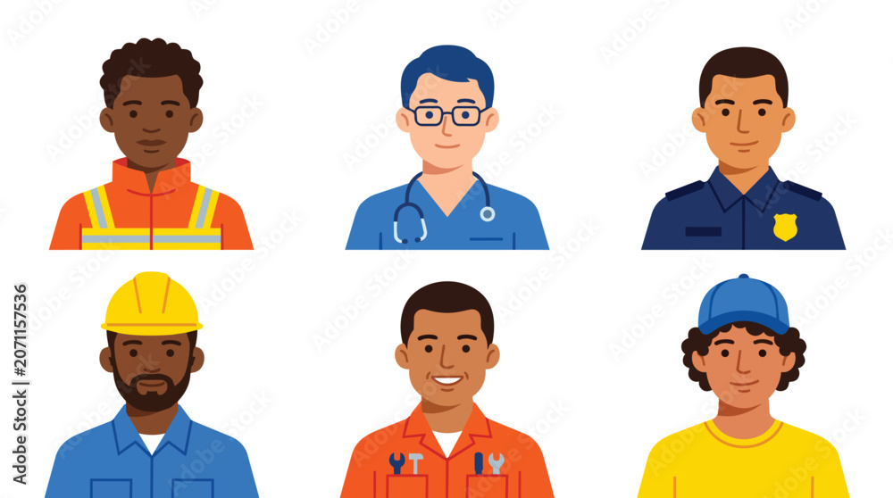 Fototapeta premium Labor force avatars representing diverse career specialties in modern flat illustration for human resources recruitment