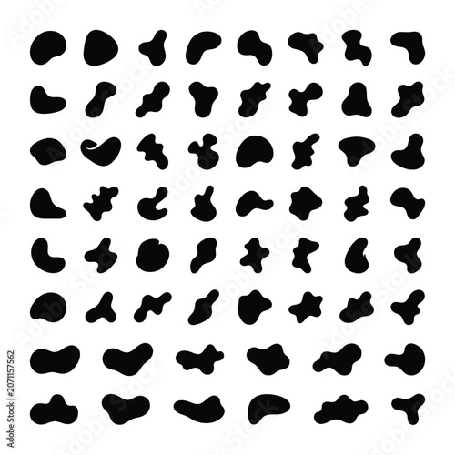 A collection of various irregular organic liquid blob shapes in black on a white background.