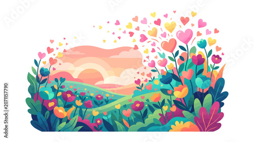2D flat vector illustration of a whimsical landscape featuring colorful wildflowers and rolling green hills with heart-shaped petals floating into a pastel sunset sky background.