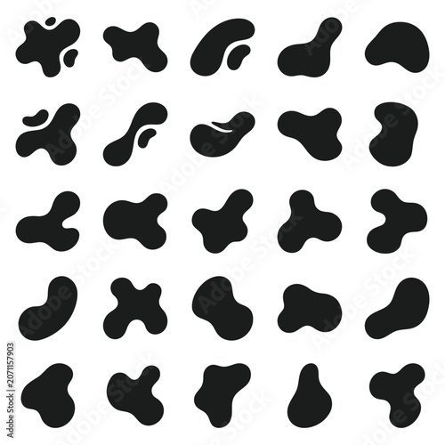 A collection of various black liquid organic shapes isolated on a white background for design elements.