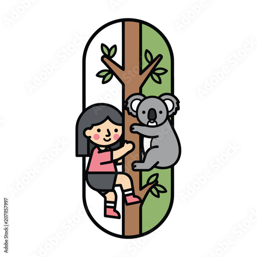 A cute cartoon illustration of a little girl climbing a tree with a friendly koala bear.