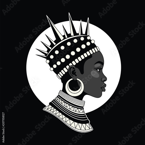 Black and white illustration of an African queen with a spiky crown and tribal jewelry.