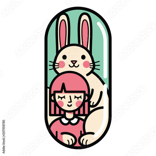Cute cartoon illustration of a young girl and a friendly white rabbit inside a pill shaped frame.