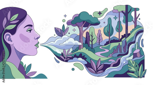 Flat vector illustration of a woman's profile exhaling a scenic landscape containing a forest, flowing river, winding path, and clouds, using a purple and green color palette.