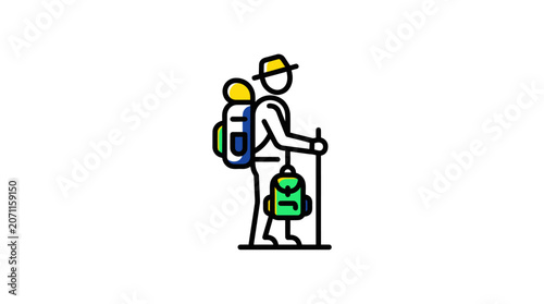 Valokuva Hiker with Backpack and Cane Walking.