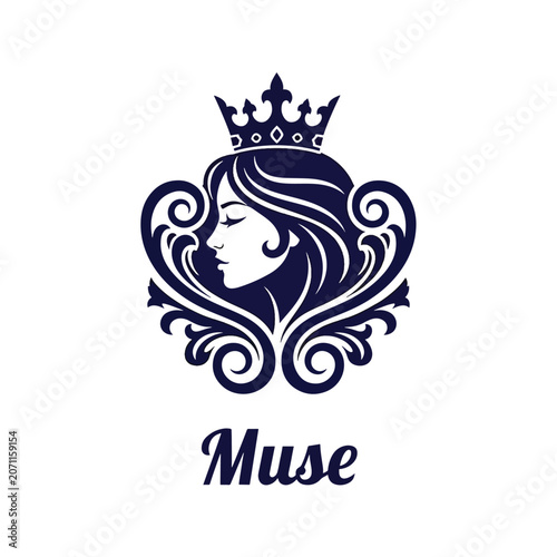 Elegant Muse Logo Design Featuring A Royal Woman Profile With Crown.