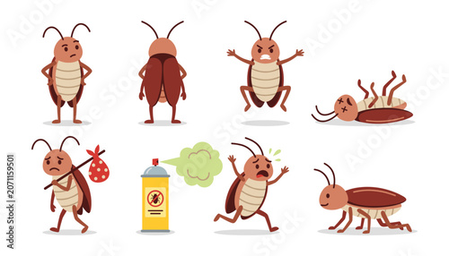 Cute cartoon cockroach character set with pest control spray. Dead insect, running bug, sad cockroach, pest extermination concept, aerosol can.